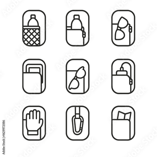 Backpack Icon Set. Outline icon set of backpack side pockets: elastic mesh, zip bottle slot, tech sleeve, sunglasses holder, power