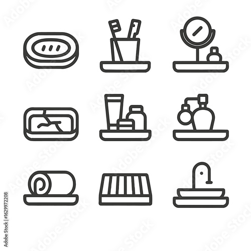 Bathroom Tray Icons. Outline icon set of bathroom trays: soap tray, toothbrush tray, vanity tray, marble tray, cosmetic tray,