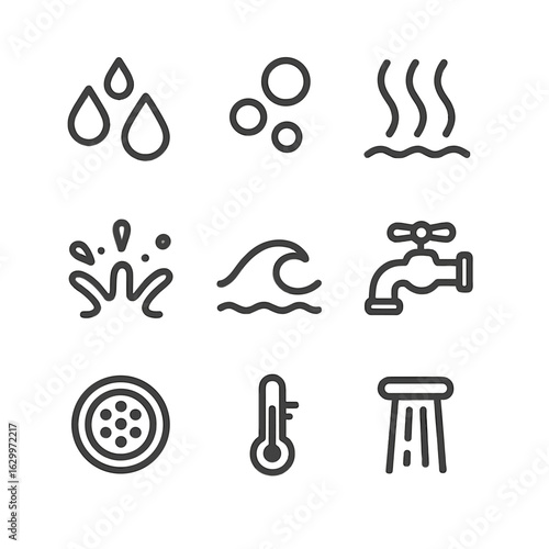 Bathing Water Icons. Outline icon set of bathing water elements: water droplets, bubbles, steam, splash, water wave, faucet, drain