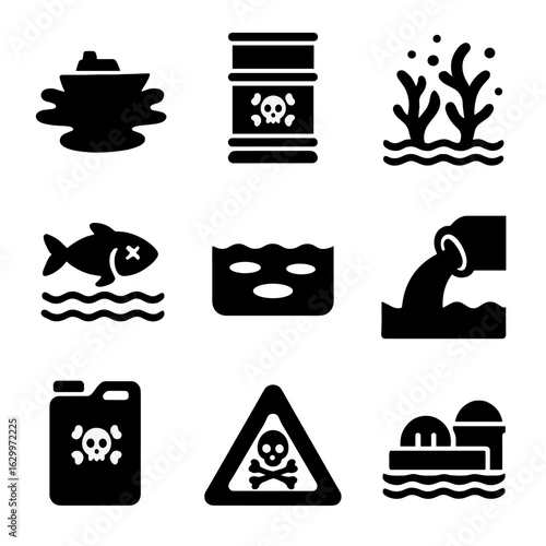 Aquatic Pollution Icons. Solid, filled icons set of aquatic pollution: oil spill, toxic barrel, algae bloom,