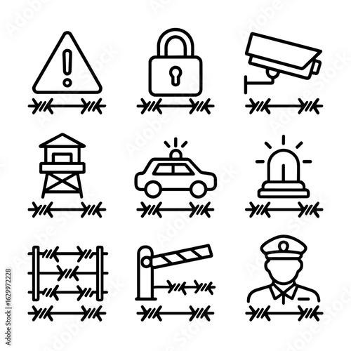Barbed Wire Icons. Outline icon set of barbed wire security: warning sign, lock, camera, guard tower, patrol, alarm, fence line,