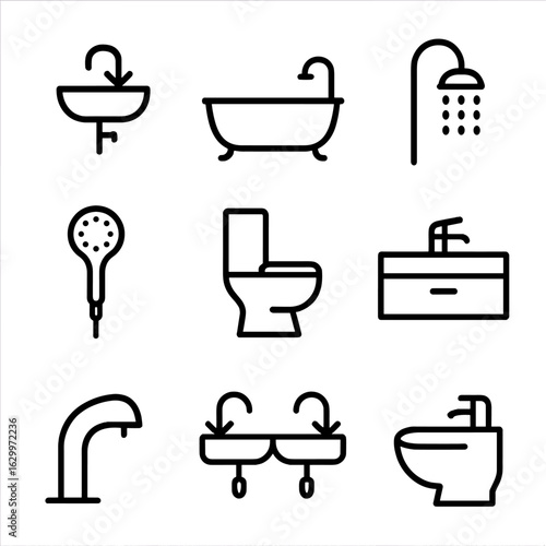 Bathroom Icon Set. Outline icon set of bathroom fixtures: wall-mounted sink, freestanding tub, overhead shower, handheld shower,