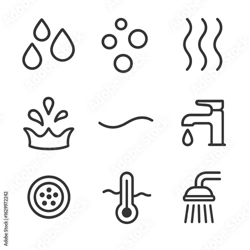 Bathing Water Icons. Outline icon set of bathing water elements: water droplets, bubbles, steam, splash, water wave, faucet, drain