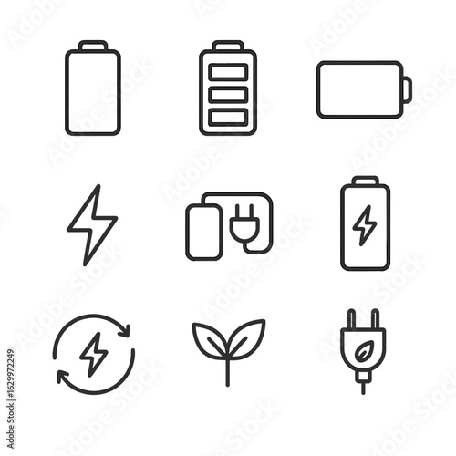Battery Icon Set. Outline icon set of battery charging: battery icon, full battery, low battery, charging bolt, plug with battery,