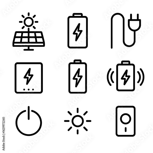 Beacon Power Icons. Outline icon set of beacon power sources: solar panel, battery pack, power cable, energy storage, rechargeable