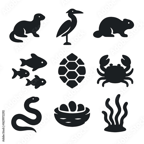 Aquatic Wildlife Icons. Solid, filled icons set of aquatic wildlife: otter, heron, beaver, fish school, turtle