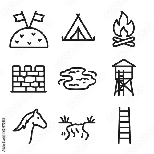 Battlefield Icon Set. Outline icon set of battle environment: battlefield hill, camp tent, war campfire, defensive wall, muddy