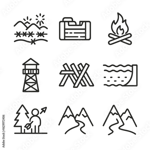 Battlefield Icon Set. Outline icon set of battle environment: battlefield, trench, campfire, watchtower, barricade, moat, castle