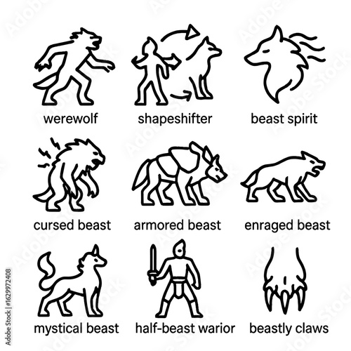 Beast Transformation Icons. Outline icon set of beast transformations: werewolf, shapeshifter, beast spirit, cursed beast, armored