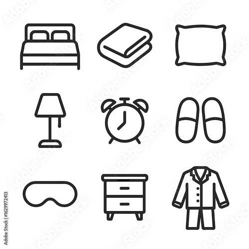 Bedroom Essentials Icons. Outline icon set of bedroom essentials: bed, blanket, pillow, bedside lamp, alarm clock, slippers, sleep
