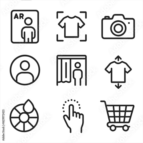 AR Shopping Icons. Outline icon set of AR shopping experience: virtual mirror, product scan, camera, user