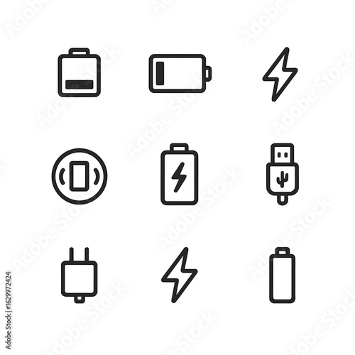 Battery Icon Set. Outline icon set of battery and charging: full battery, low battery, charging bolt, wireless charger, power bank