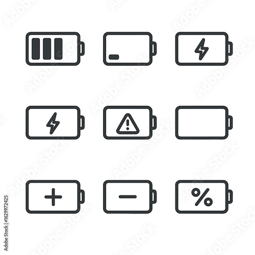 Battery Icon Set. Outline icon set of battery: full battery, low battery, charging battery, battery with lightning, battery