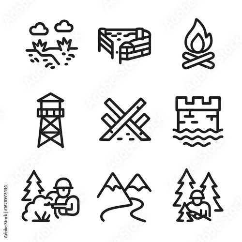 Battlefield Icon Set. Outline icon set of battle environment: battlefield, trench, campfire, watchtower, barricade, moat, castle