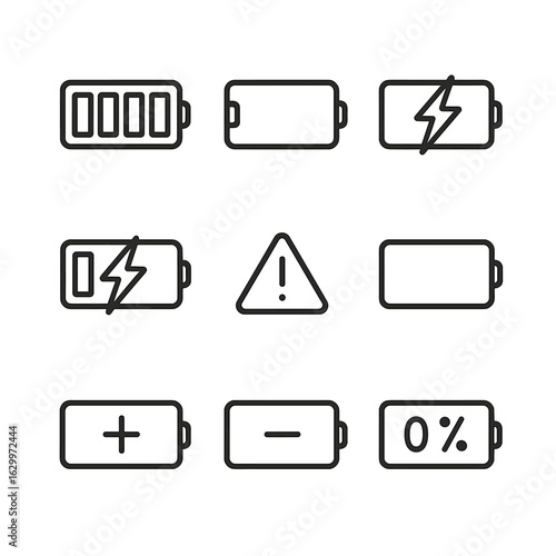 Battery Icon Set. Outline icon set of battery: full battery, low battery, charging battery, battery with lightning, battery