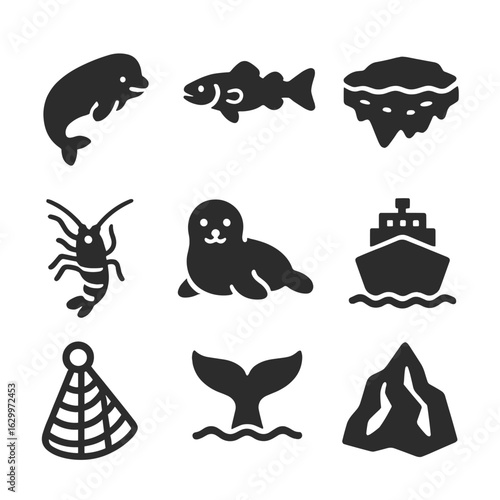 Arctic Marine Icons. Solid, filled icons set of Arctic marine life: beluga whale, Arctic cod, sea ice, krill,
