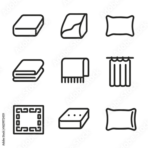 Bedroom Textiles Icons. Outline icon set of bedroom textiles: fitted sheet, duvet, pillow, blanket, throw, curtain panel, area rug
