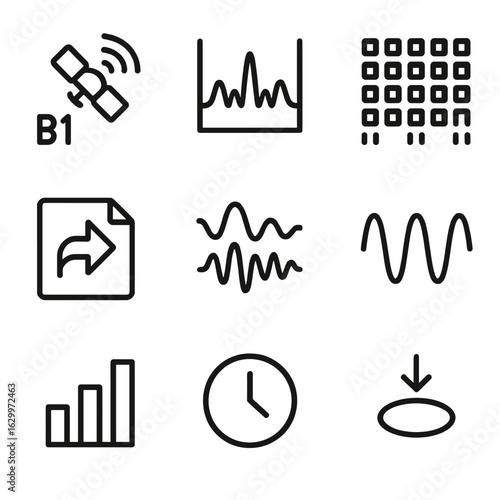 BeiDou Signal Icons. Outline icon set of BeiDou signal structure: B1 frequency, B2 band, spreading code, navigation message,