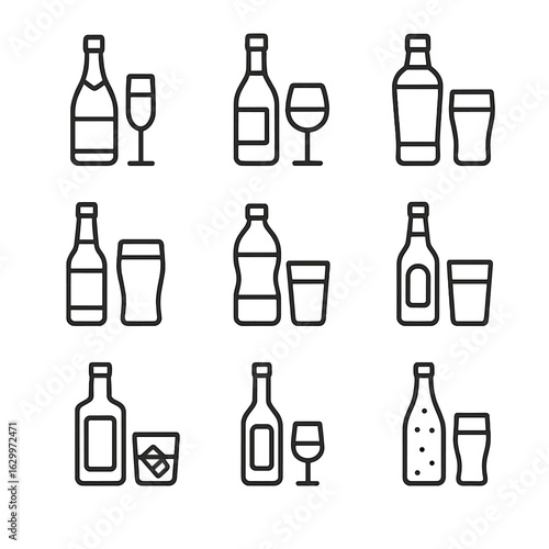 Beverage Icon Set. Outline icon set of bottle and glass combinations: champagne bottle and flute, wine bottle and goblet, cocktail