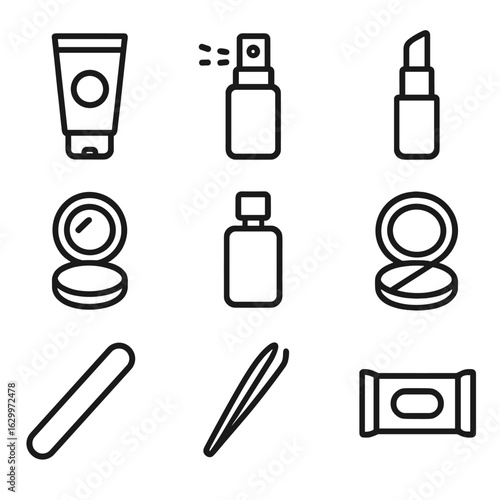 Beauty Essentials Icons. Outline icon set of beauty pouch items: hand cream, face mist, lipstick, pocket mirror, mini perfume,