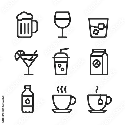 Beverage Icon Grid. Outline icon set of beverage types: beer, wine, whiskey, cocktail, soda, juice, water, coffee, tea. Line icons