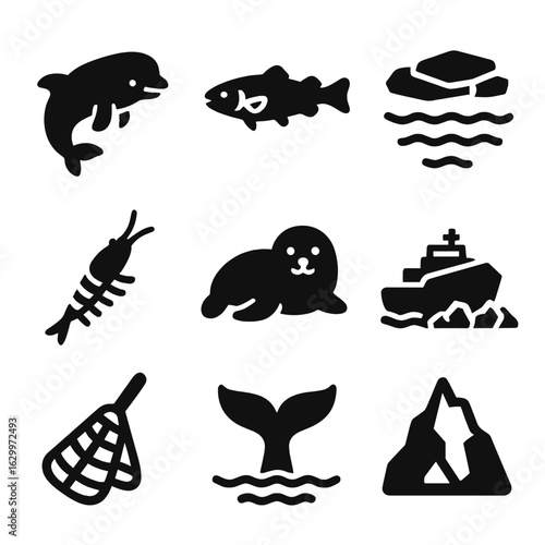 Arctic Marine Icons. Solid, filled icons set of Arctic marine life: beluga whale, Arctic cod, sea ice, krill,