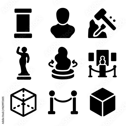3D Art Icons. Solid, filled icons set of sculpture and 3D art displays: plinth icon, clay model, stone chisel,