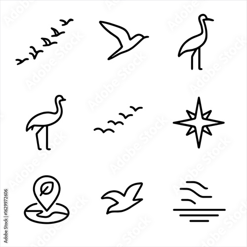 Bird Behavior Icons. Outline icon set of migratory birds: goose V-formation, swallow in flight, crane silhouette, stork outline,