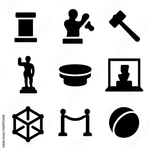 3D Art Icons. Solid, filled icons set of sculpture and 3D art displays: plinth icon, clay model, stone chisel,