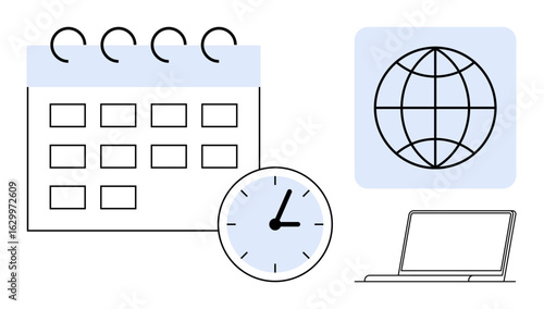 Calendar with marked days, clock indicating time, globe symbolizing global reach, and laptop representing technology and work tools. Ideal for time management, productivity, planning, global