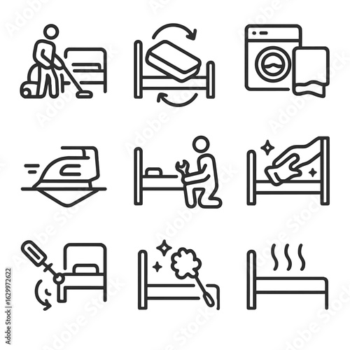 Bed Maintenance Icons. Outline icon set of bed maintenance: vacuuming, flipping mattress, washing sheets, ironing linens,