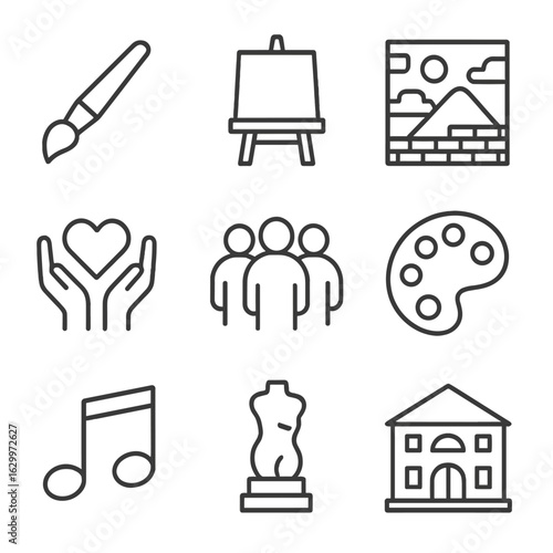Art and Community Icons. Outline icon set of art and community: paintbrush, easel, mural, hands holding heart,