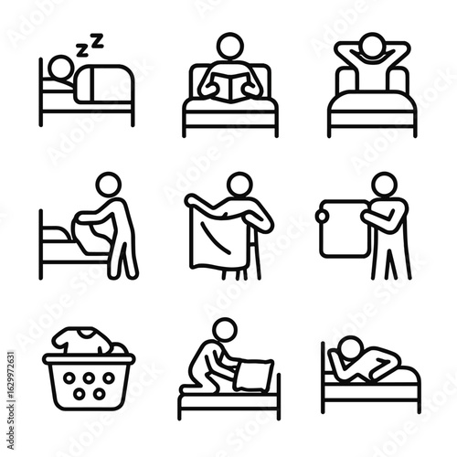 Bedroom Icon Set. Outline icon set of sheet bedroom activities: sleeping, reading, relaxing, making bed, changing sheets, folding,