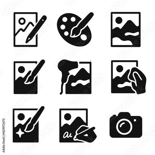 Art Creation Process Icons. Solid, filled icons set of watercolor art creation process: sketching outline,