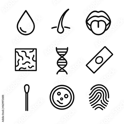 Biological Evidence Icons. Outline icon set of biological evidence: blood drop, hair strand, saliva, tissue sample, DNA helix,