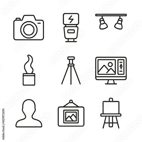 Art Documentation Icons. Outline icon set of documenting art installations: camera, flash unit, sculpture,