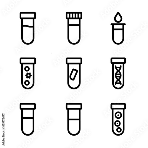 Biological Samples Icons. Outline icon set of test tube biological samples: blood sample, urine sample, saliva, bacterial culture,