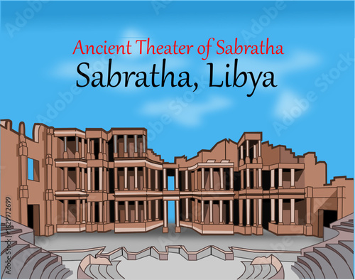 CIMAHI, INDONESIA-August 05, 2025-Ancient Theater of Sabratha in Libya. Vector graphic design cartoon building illustration for collection.