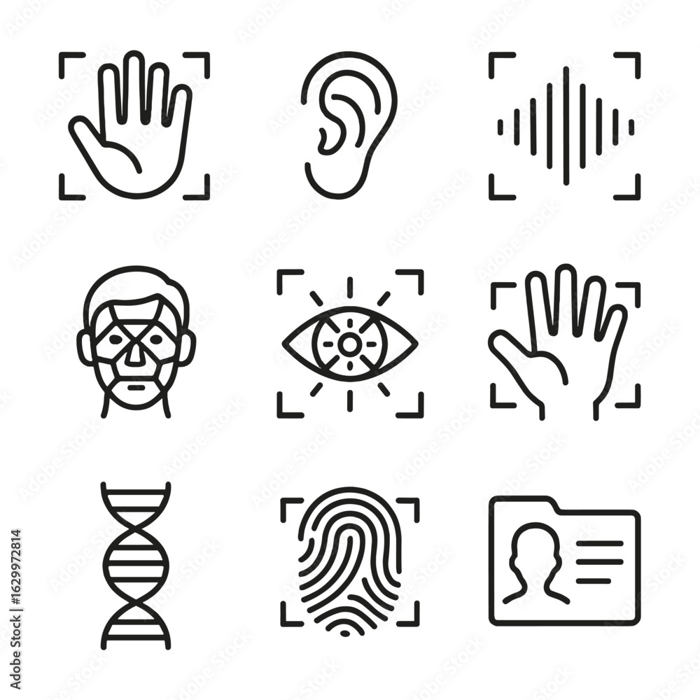 Obraz premium Biometric Icons Grid. Outline icon set of biometric identity: palm scan, ear print, voice print, facial grid, iris scan, hand