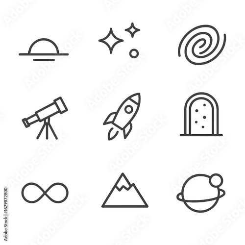 Black Icon Trio. Outline icon set of transitional thresholds: hourglass, calendar flip, ticking clock, rising sun, falling leaf,