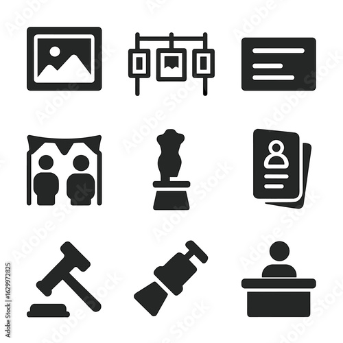 Art Exhibition Icons. Solid, filled icons set of art exhibition and galleries: framed artwork, gallery wall,