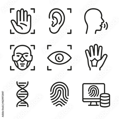 Biometric Icons Grid. Outline icon set of biometric identity: palm scan, ear print, voice print, facial grid, iris scan, hand