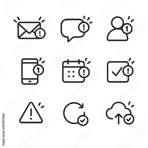 Blink Notification Icons. Outline icon set of blinking notification systems: email alert blink, SMS alert blink, social media