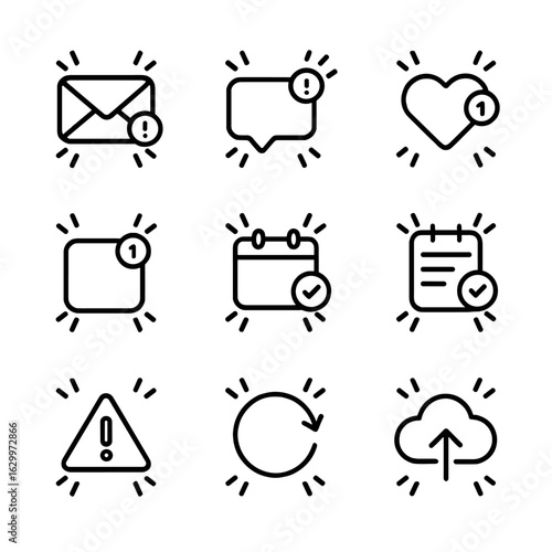 Blink Notification Icons. Outline icon set of blinking notification systems: email alert blink, SMS alert blink, social media