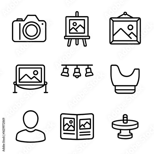 Art Exhibition Icons. Outline icon set of shooting art exhibitions: DSLR, photo stand, artwork, exhibition