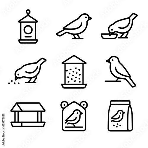 Bird Feeder Icons. Outline icon set of birds and feeders: hanging feeder, ground feeder, bird drinking, bird pecking, feeder with