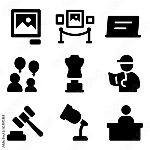 Art Exhibition Icons. Solid, filled icons set of art exhibition and galleries: framed artwork, gallery wall,
