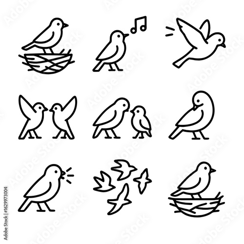 Bird Behavior Icons. Outline icon set of instinctive behaviors in birds: nest building, singing, migration, courtship dance,