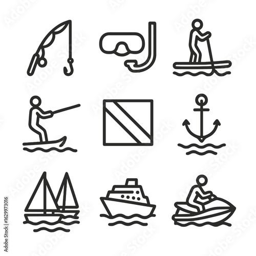 Boating Activity Icons. Outline icon set of boating activities: fishing rod, snorkel gear, paddleboarding, water skiing, diving