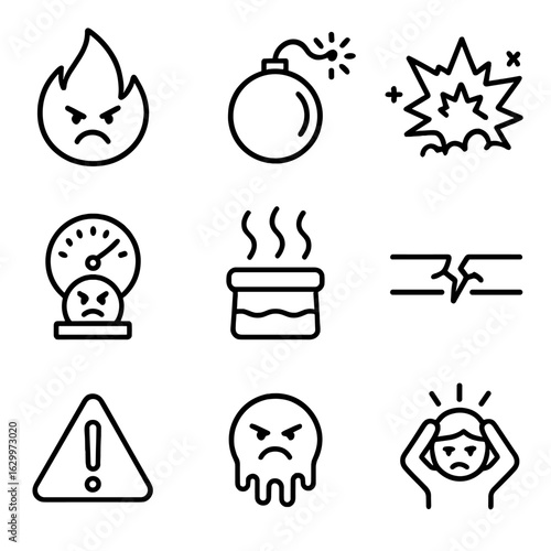 Boiling Point Icons. Outline icon set of metaphorical boiling point: anger flame, ticking bomb, explosion, stress gauge, pressure